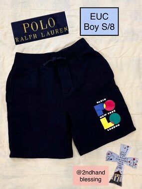 EUC Polo Ralph Lauren Black Logo Fleece Shorts Boy Sz S/8, Paris New York London